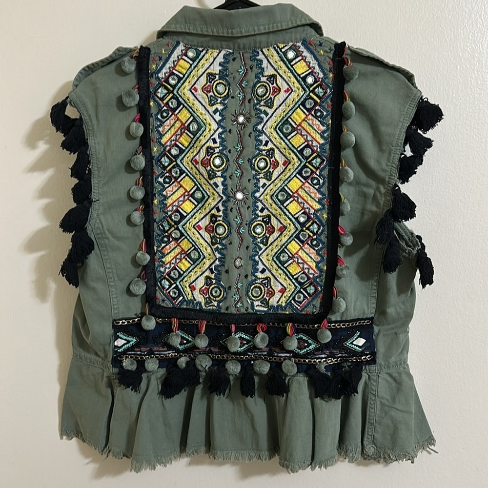 EUC Zara Beaded Embroidered Pom Pom Military Vest Medium - Picture 2 of 4